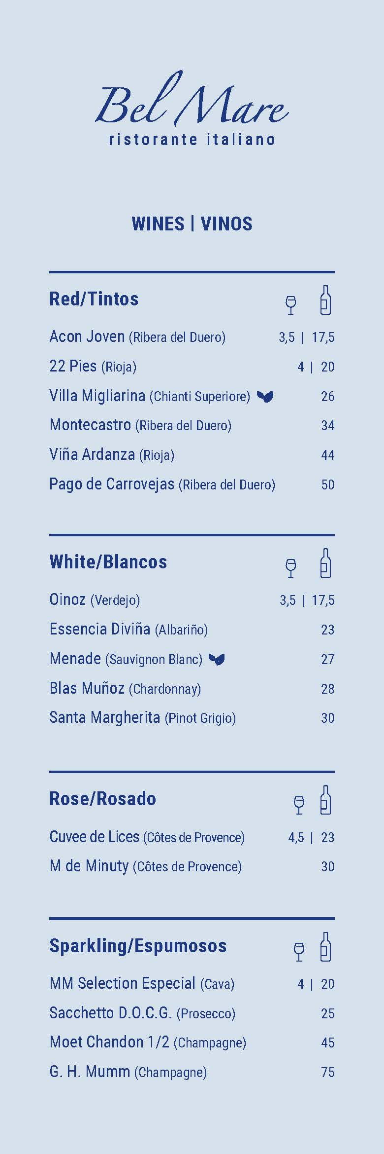 San Pedro, Marbella Italian Restaurant Wine List